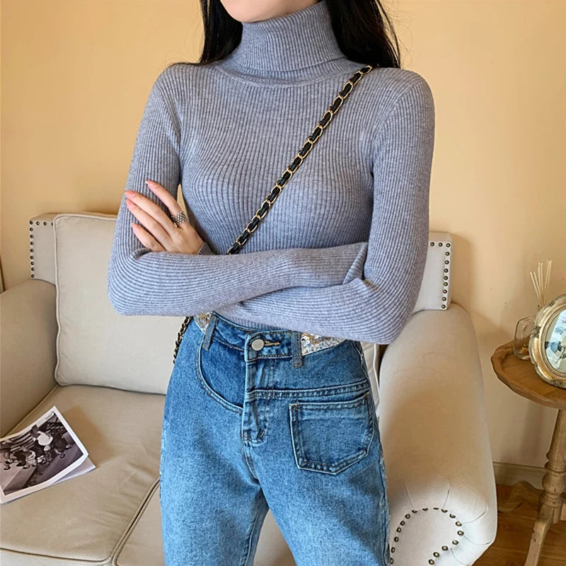 Women's ribbed foldover turtleneck sweater, view 21