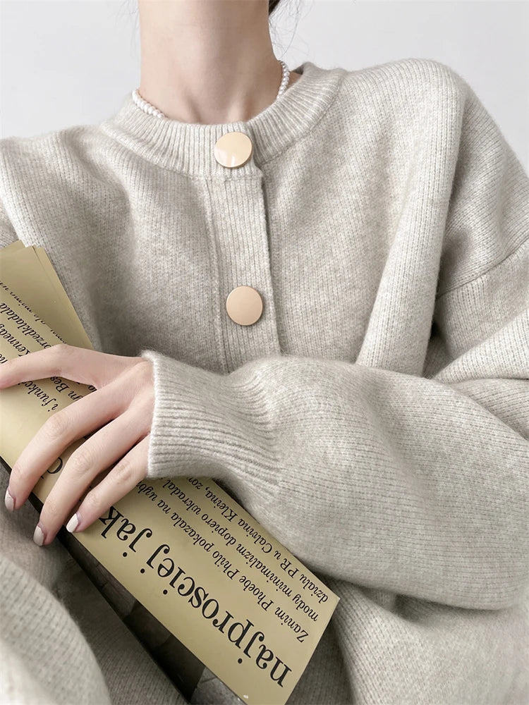 Women's relaxed crewneck button cardigan, view 1