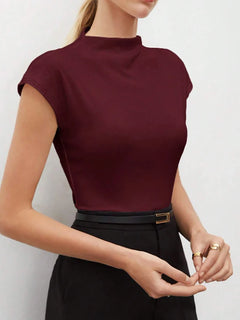 Women's mock-neck cap-sleeve stretch top, view 1
