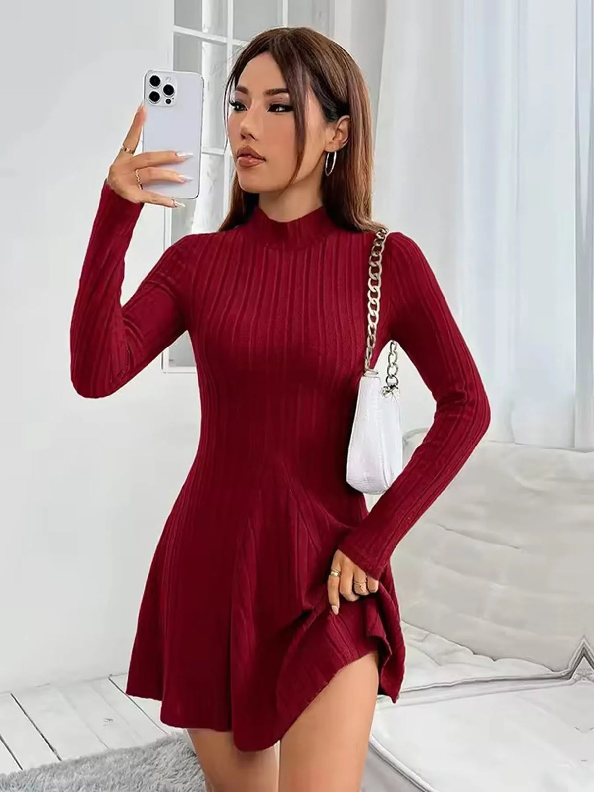 Women's mock-neck ribbed knit a-line dress, view 15