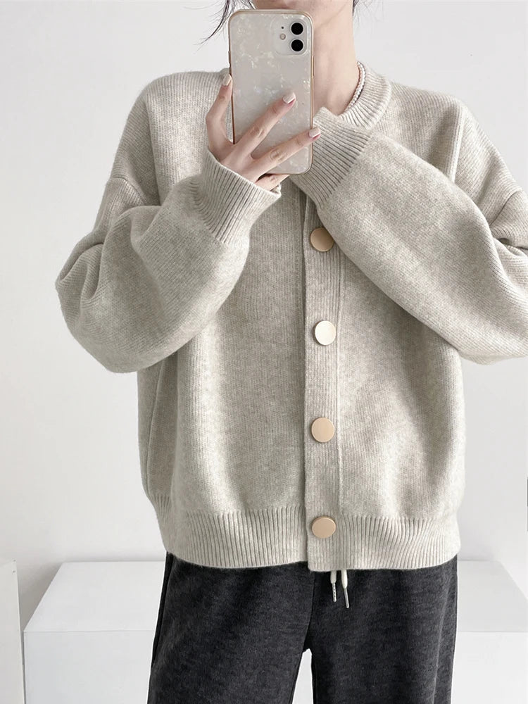Women's relaxed crewneck button cardigan, view 2