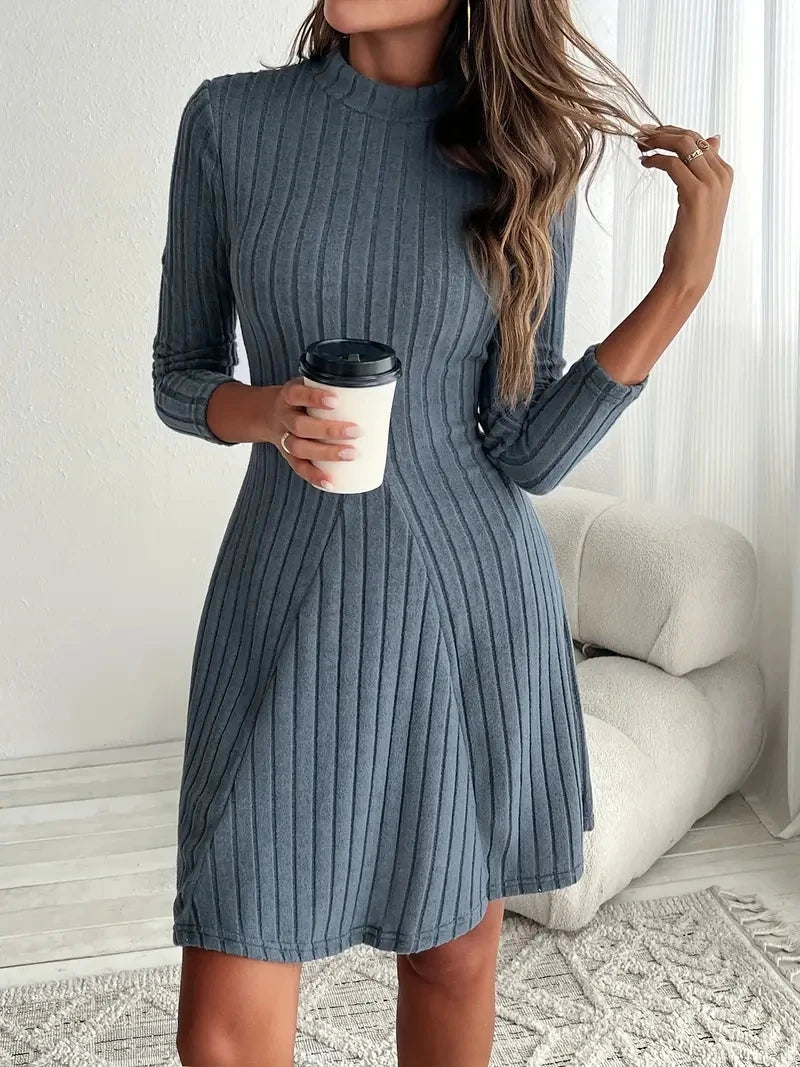 Women's mock-neck ribbed knit a-line dress, view 4