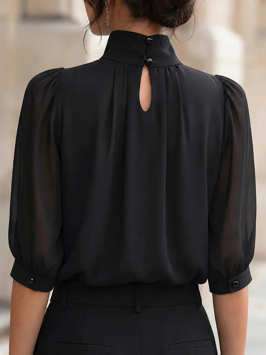 Women's high-neck pleated blouse with puff sleeves, view 4