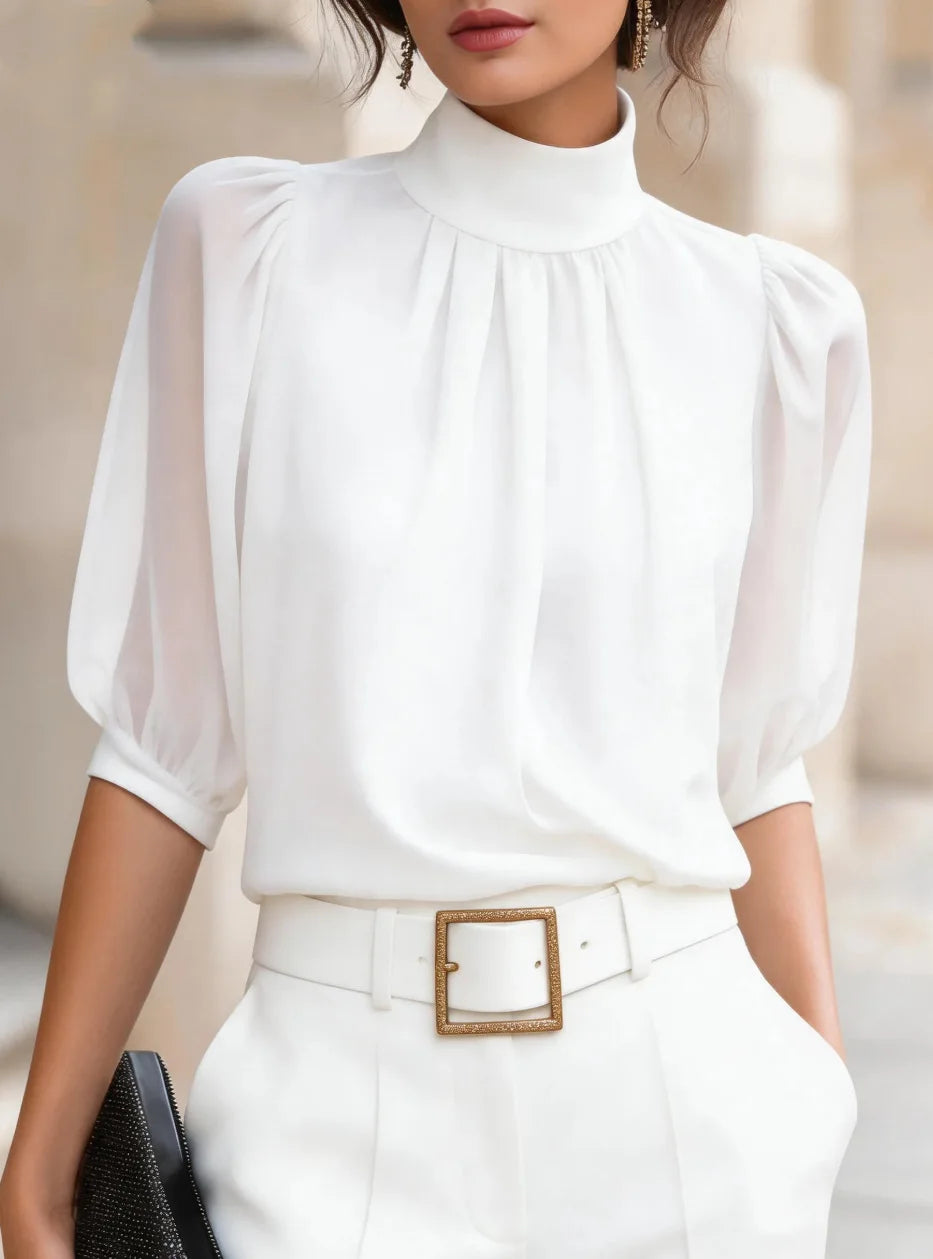 Women's high-neck pleated blouse with puff sleeves, view 6