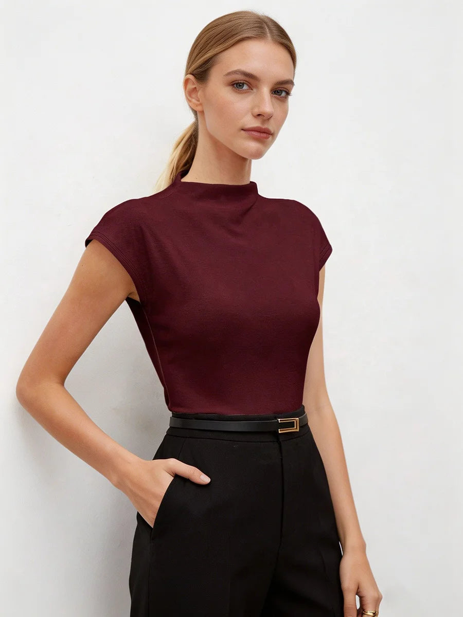 Women's mock-neck cap-sleeve stretch top, view 4
