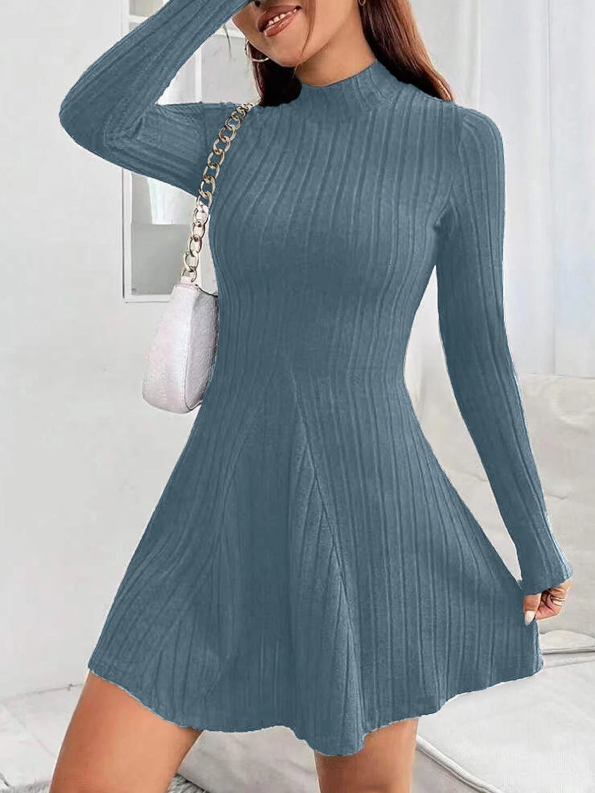 Women's mock-neck ribbed knit a-line dress, view 8