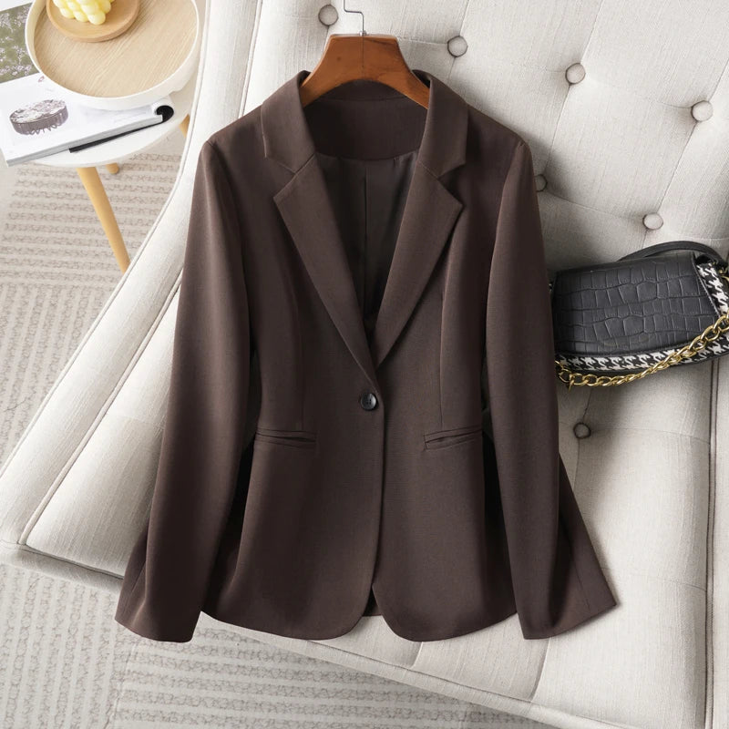 Women's single-button twill blazer in coffee, view 1