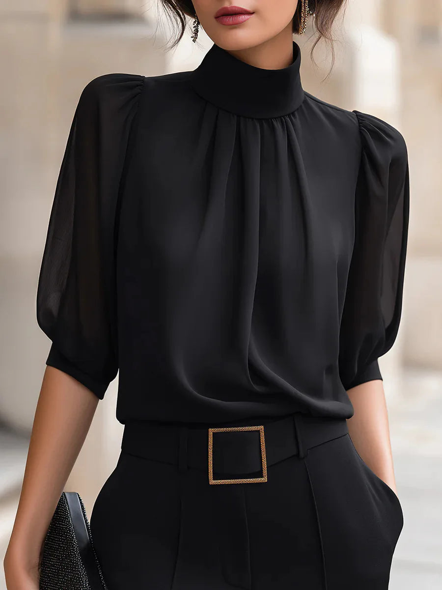 Women's high-neck pleated blouse with puff sleeves, view 8