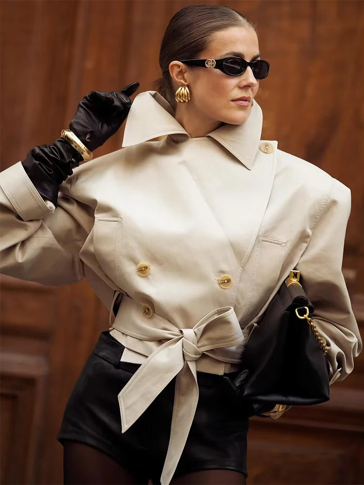 Women's belted double-breasted trench jacket, view 2