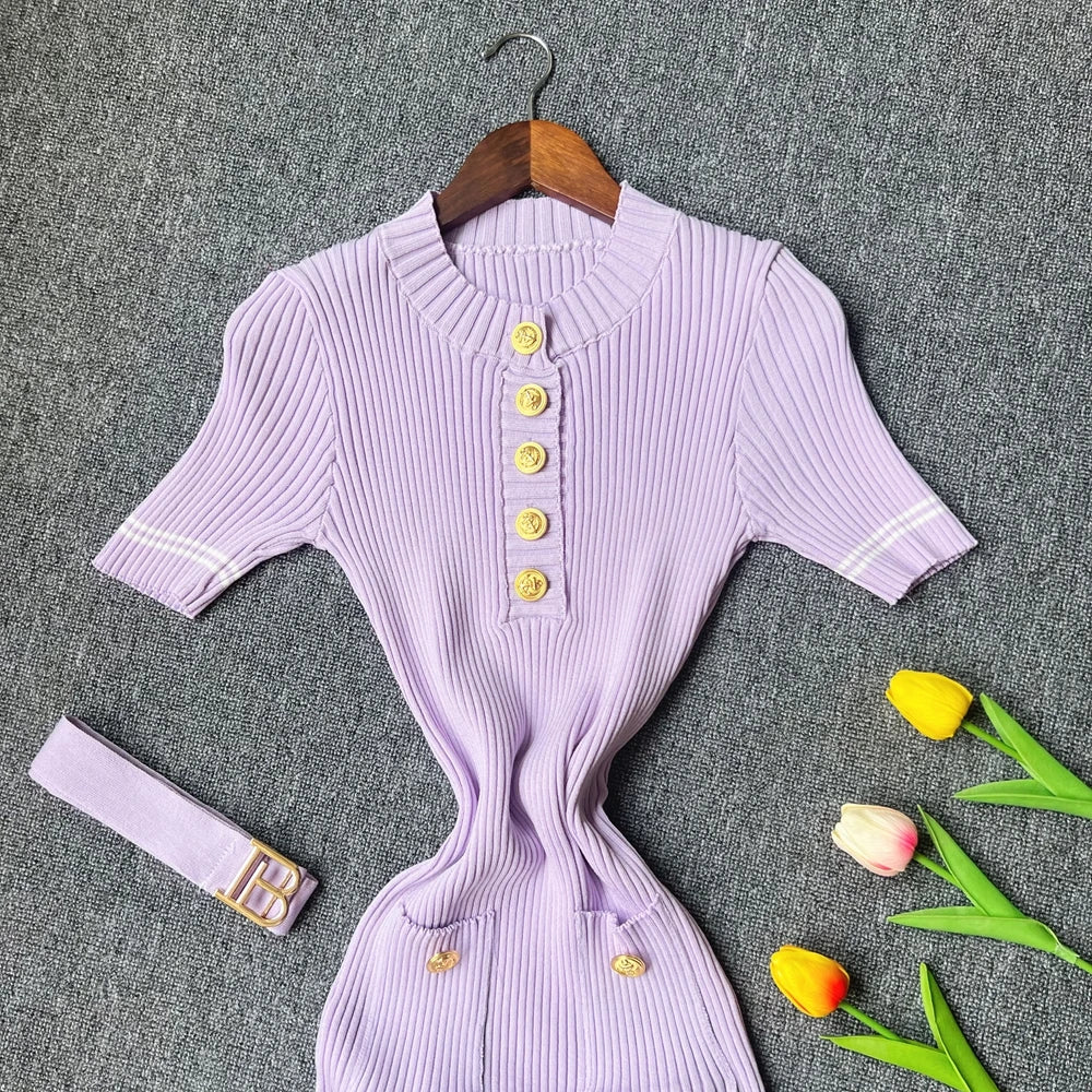 Women's belted gold-button knit midi dress, view 12