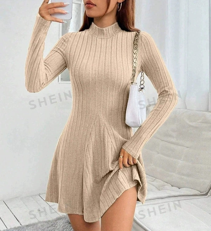 Women's mock-neck ribbed knit a-line dress, view 10