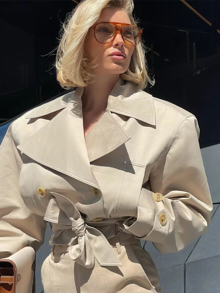 Women's belted double-breasted trench jacket, view 3