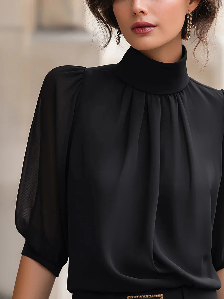 Women's high-neck pleated blouse with puff sleeves, view 5