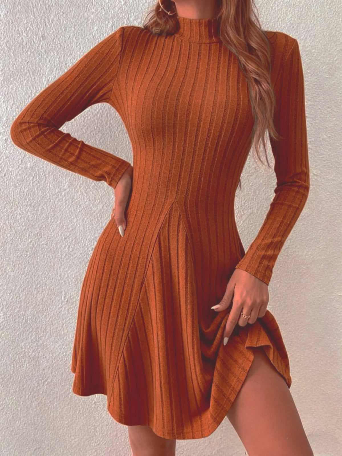 Women's mock-neck ribbed knit a-line dress, view 14