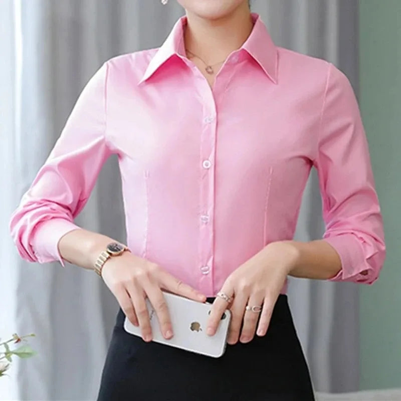 Women's fitted button-up office shirt, view 4