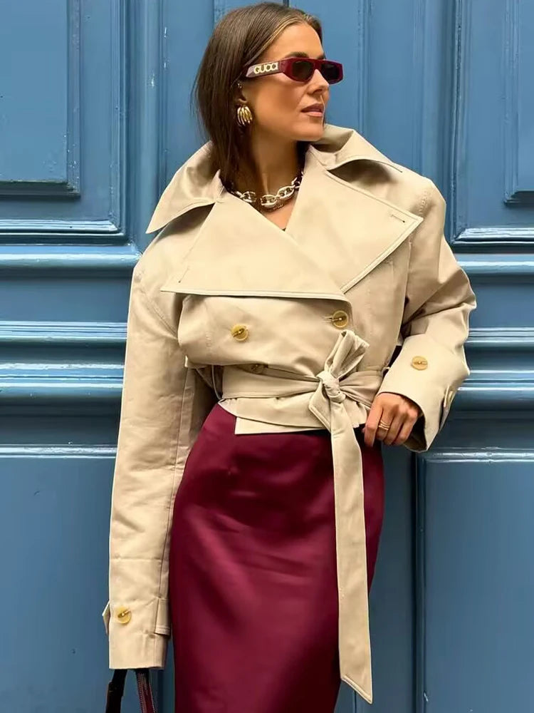 Women's belted double-breasted trench jacket, view 4