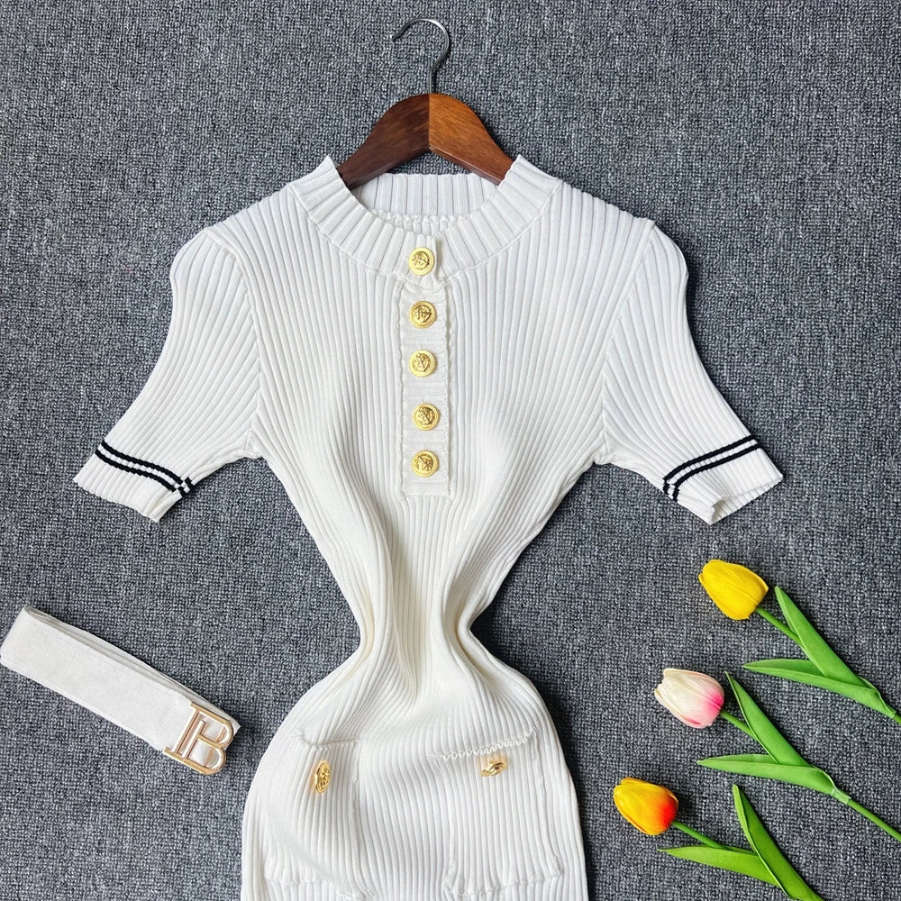 Women's belted gold-button knit midi dress, view 10