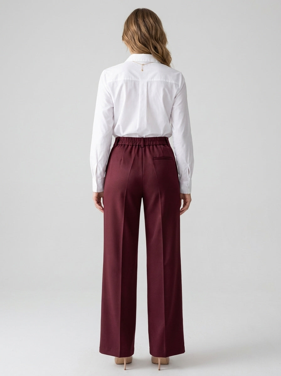 Women's pleated wide-leg trousers with front crease in wine, view 3
