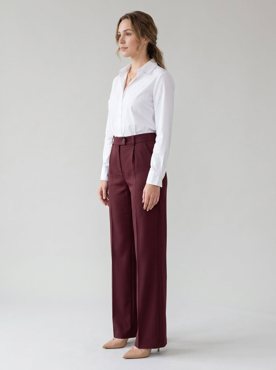 Women's pleated wide-leg trousers with front crease in wine, view 4