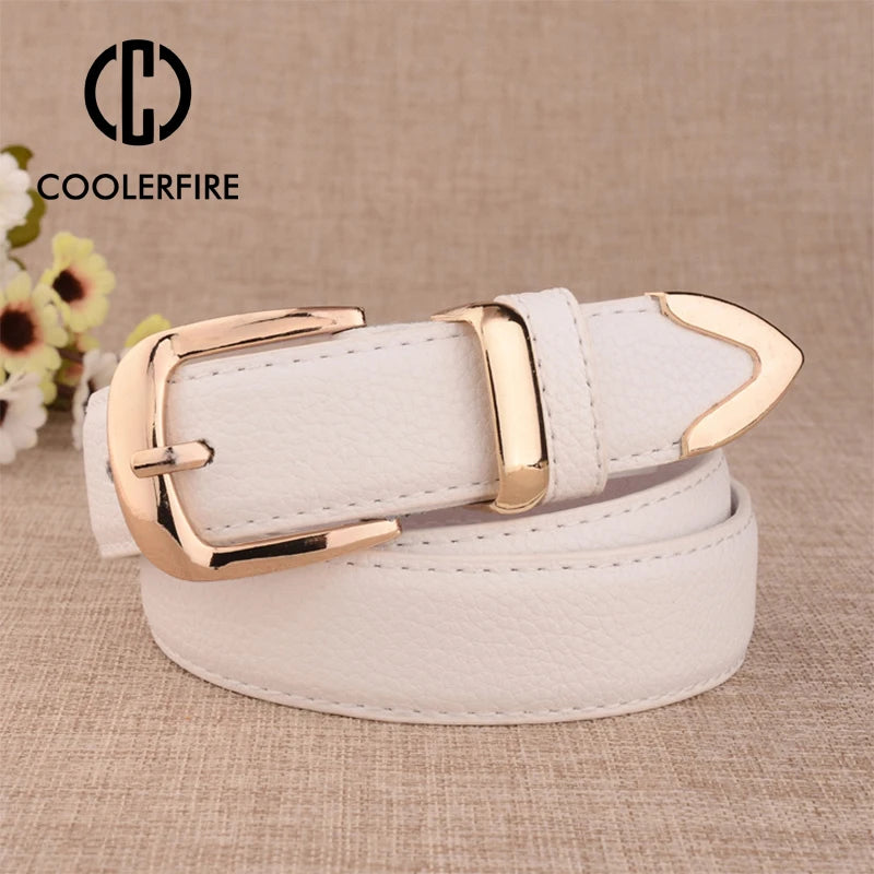 Women's faux leather belt with gold buckle, view 1