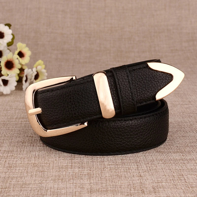 Women's faux leather belt with gold buckle, view 4
