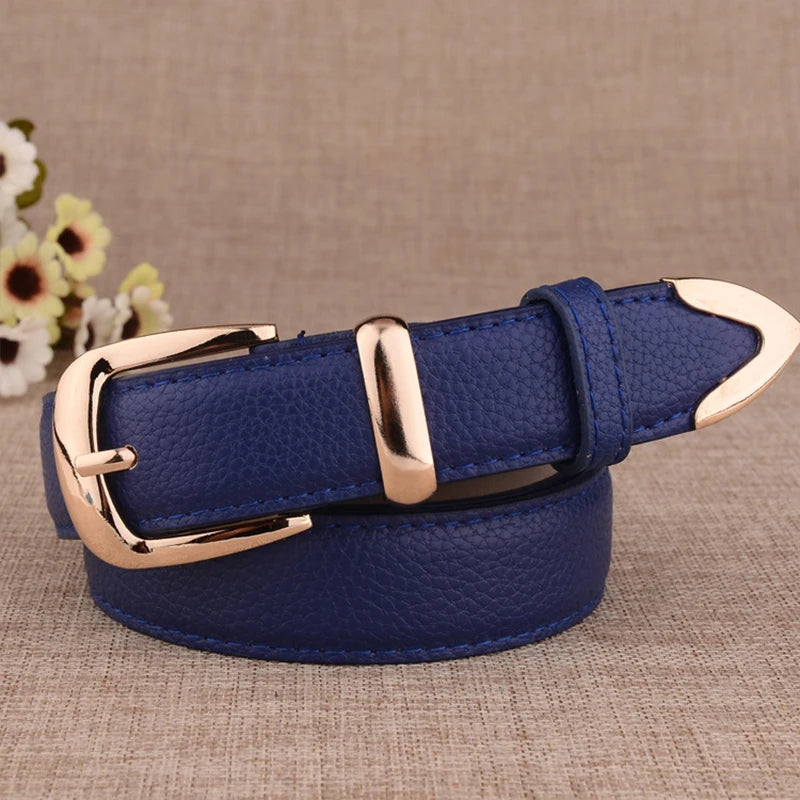 Women's faux leather belt with gold buckle, view 2
