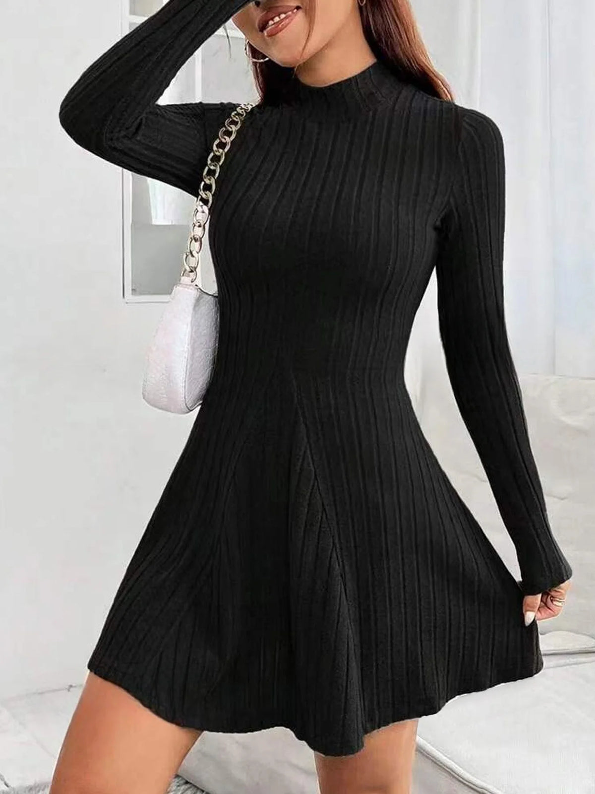 Women's mock-neck ribbed knit a-line dress, view 1
