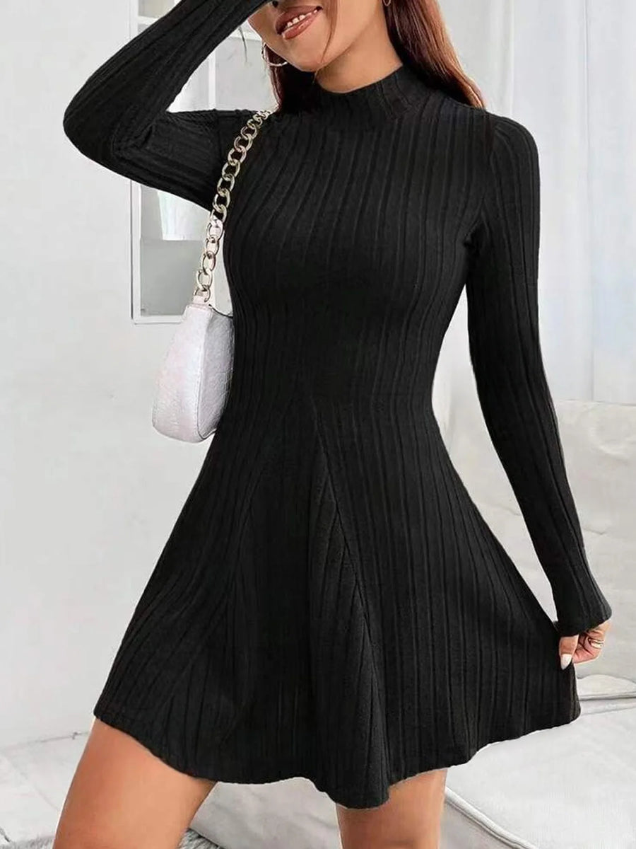 Women's mock-neck ribbed knit a-line dress, view 1