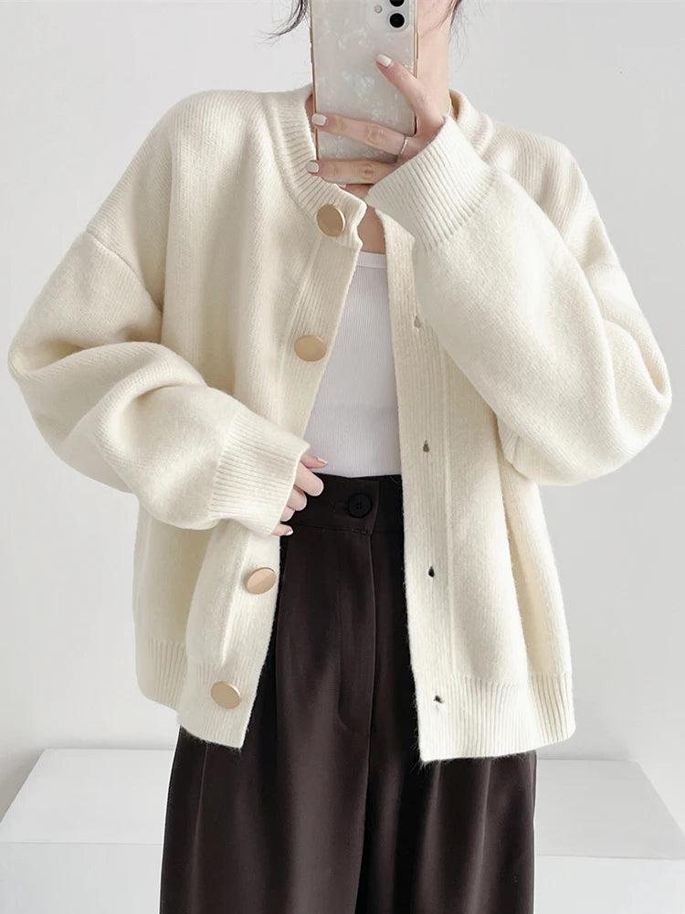 Women's relaxed crewneck button cardigan, view 5
