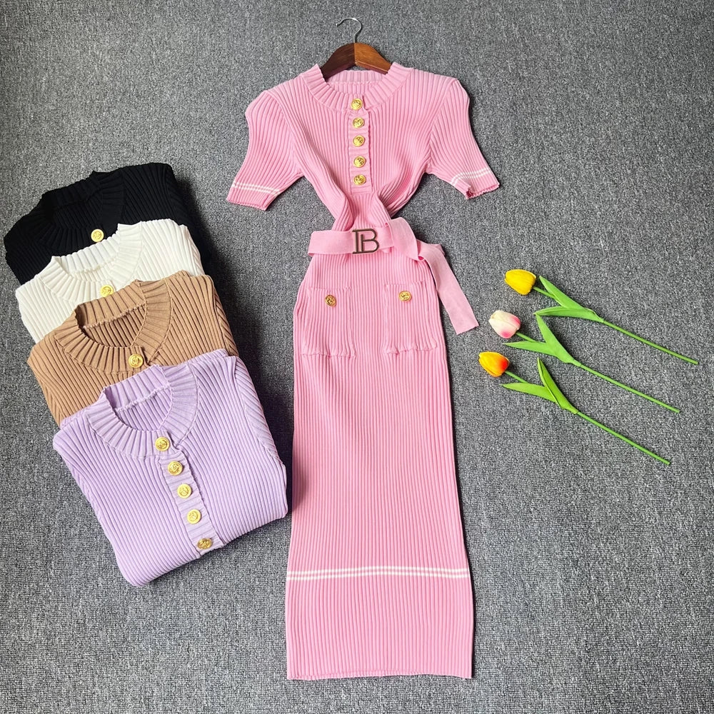 Women's belted gold-button knit midi dress, view 4