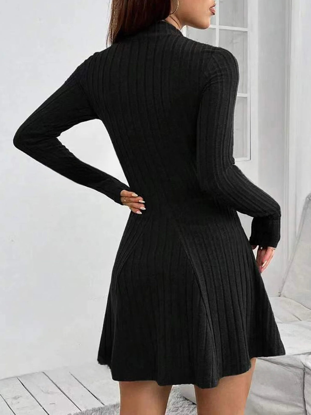 Women's mock-neck ribbed knit a-line dress, view 2