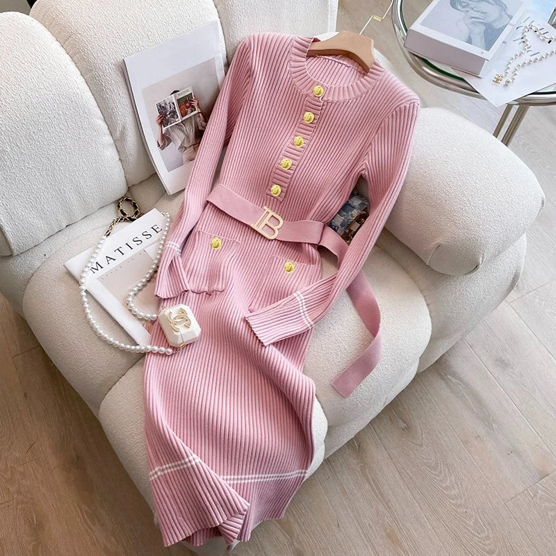 Women's belted gold-button knit midi dress, view 6