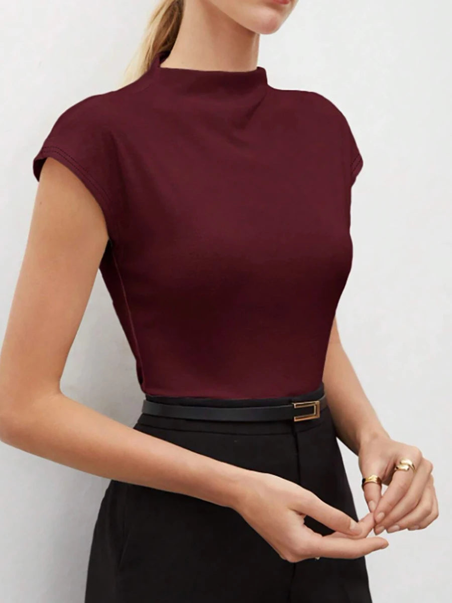 Women's mock-neck cap-sleeve stretch top, view 1