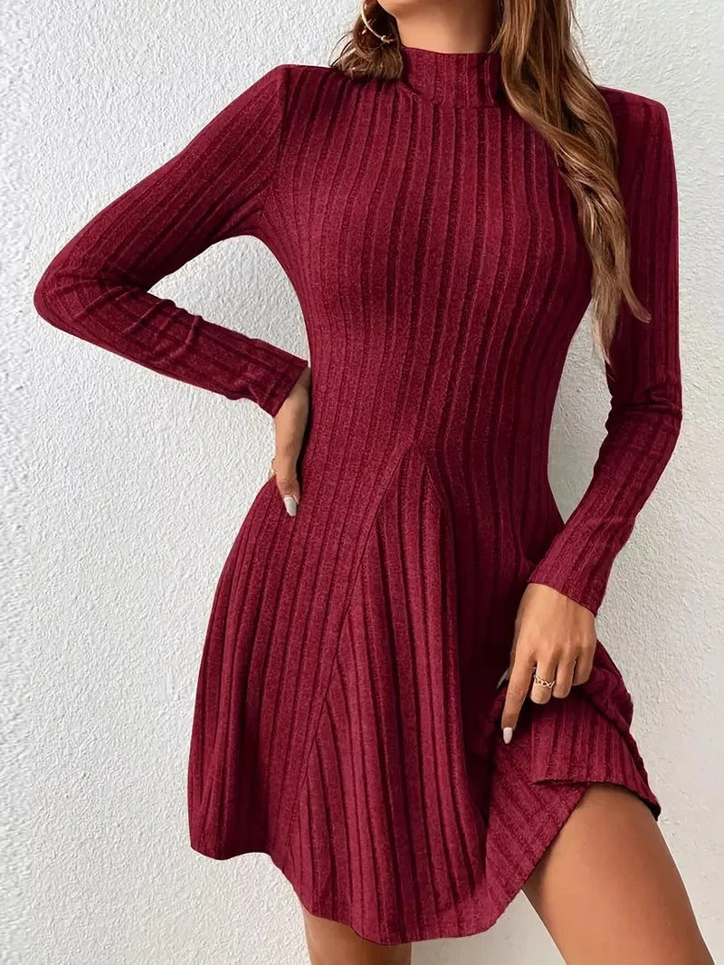 Women's mock-neck ribbed knit a-line dress, view 5