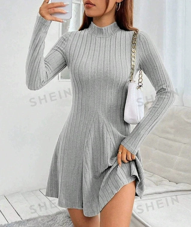 Women's mock-neck ribbed knit a-line dress, view 12