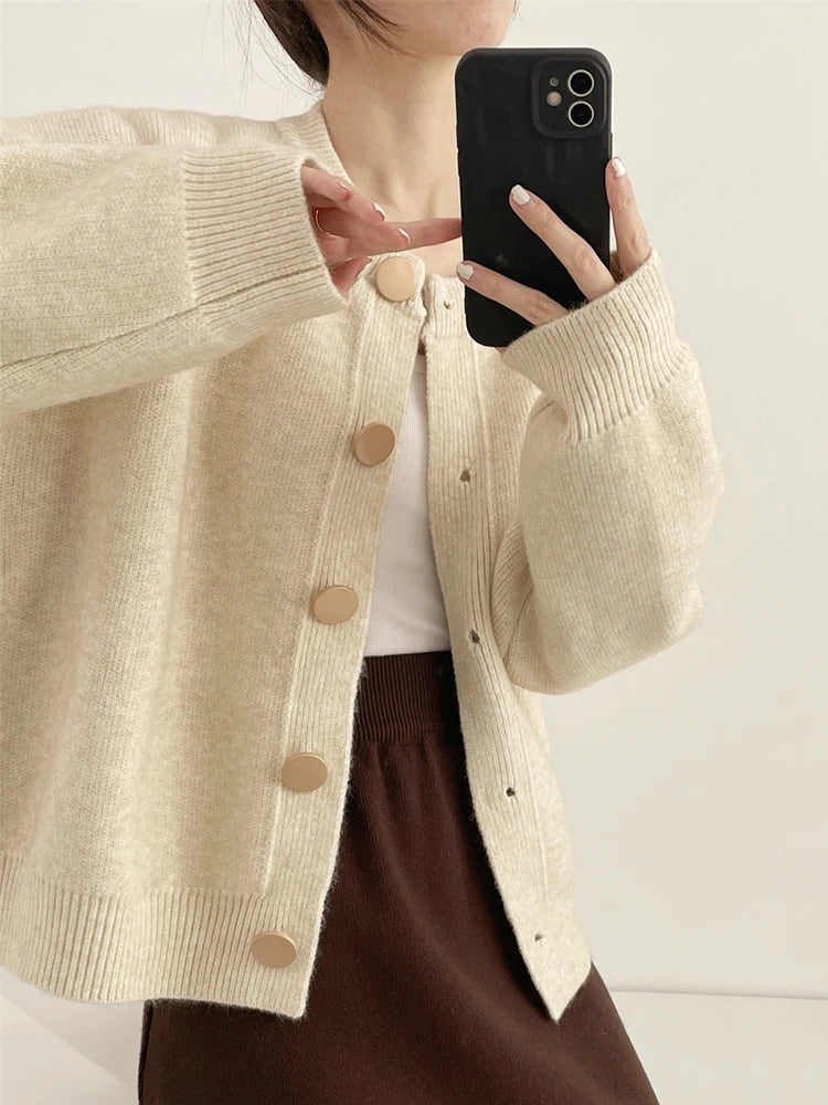 Women's relaxed crewneck button cardigan, view 4