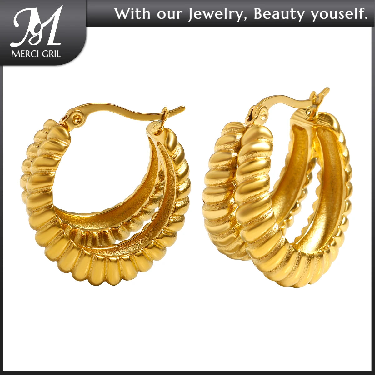 Women's twisted gold-tone hoop earrings, view 1