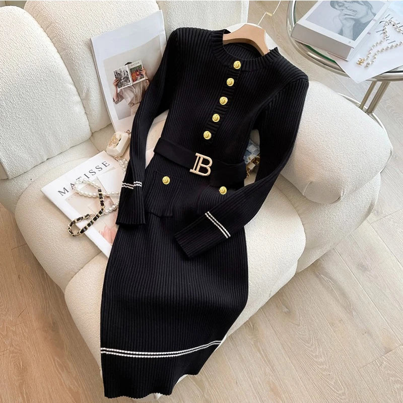 Women's belted gold-button knit midi dress, view 1