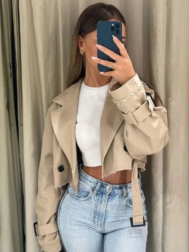 Women's cropped belted trench jacket, view 1