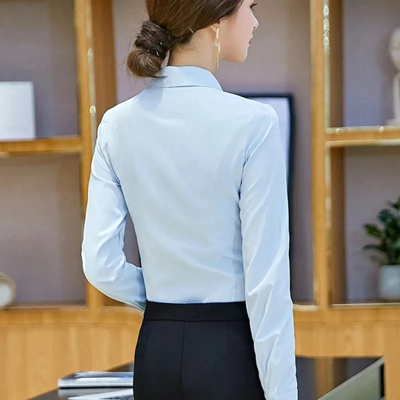 Women's fitted button-up office shirt, view 3