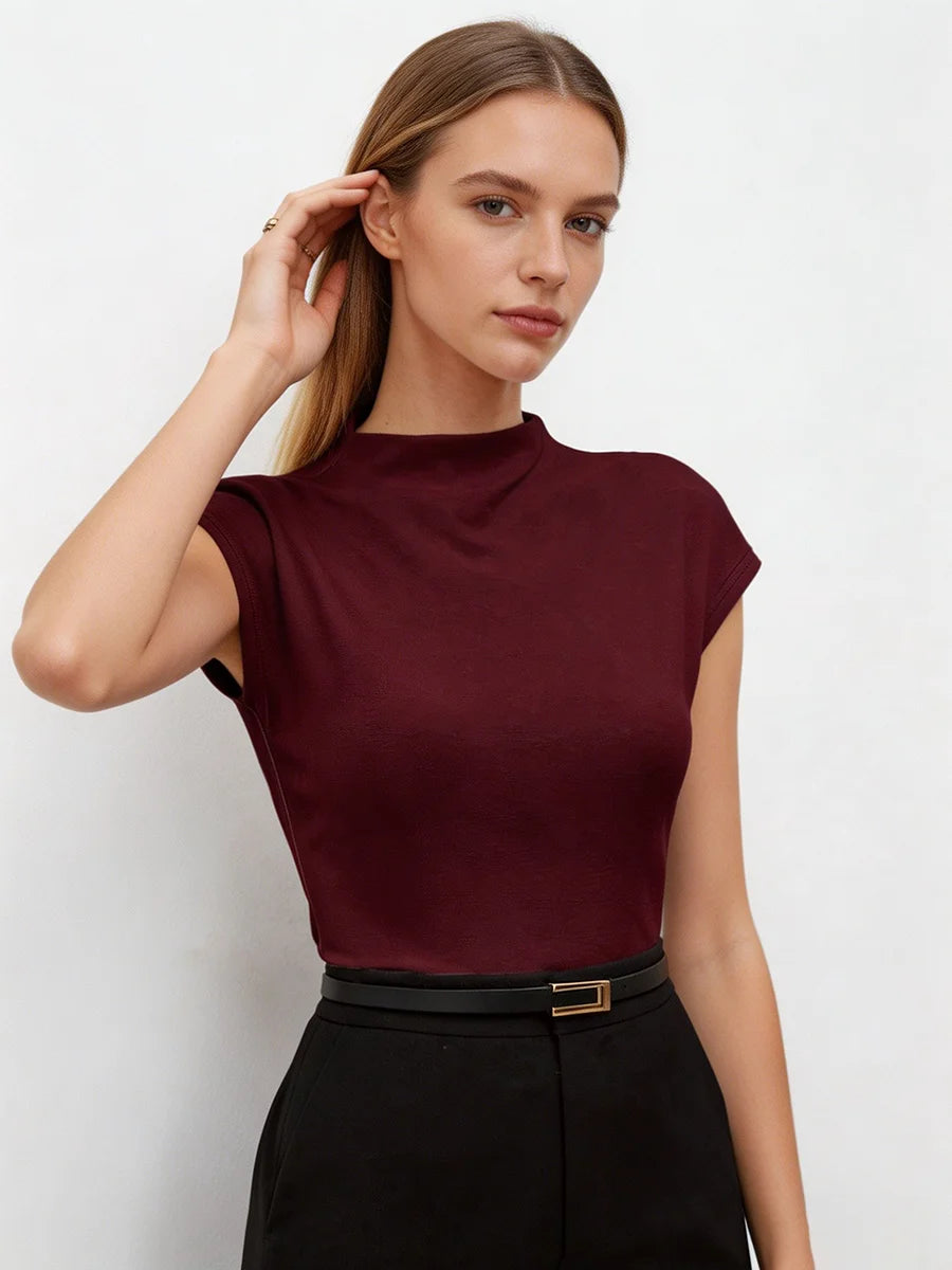 Women's mock-neck cap-sleeve stretch top, view 5