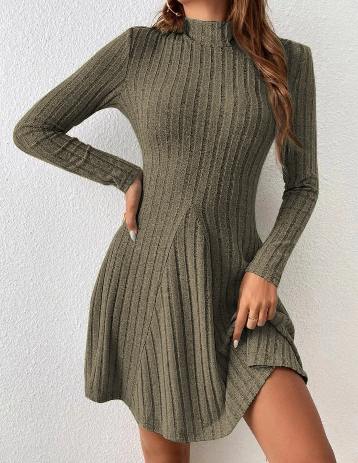 Women's mock-neck ribbed knit a-line dress, view 6