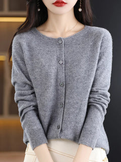 Women's fine-knit crewneck cardigan, view 1