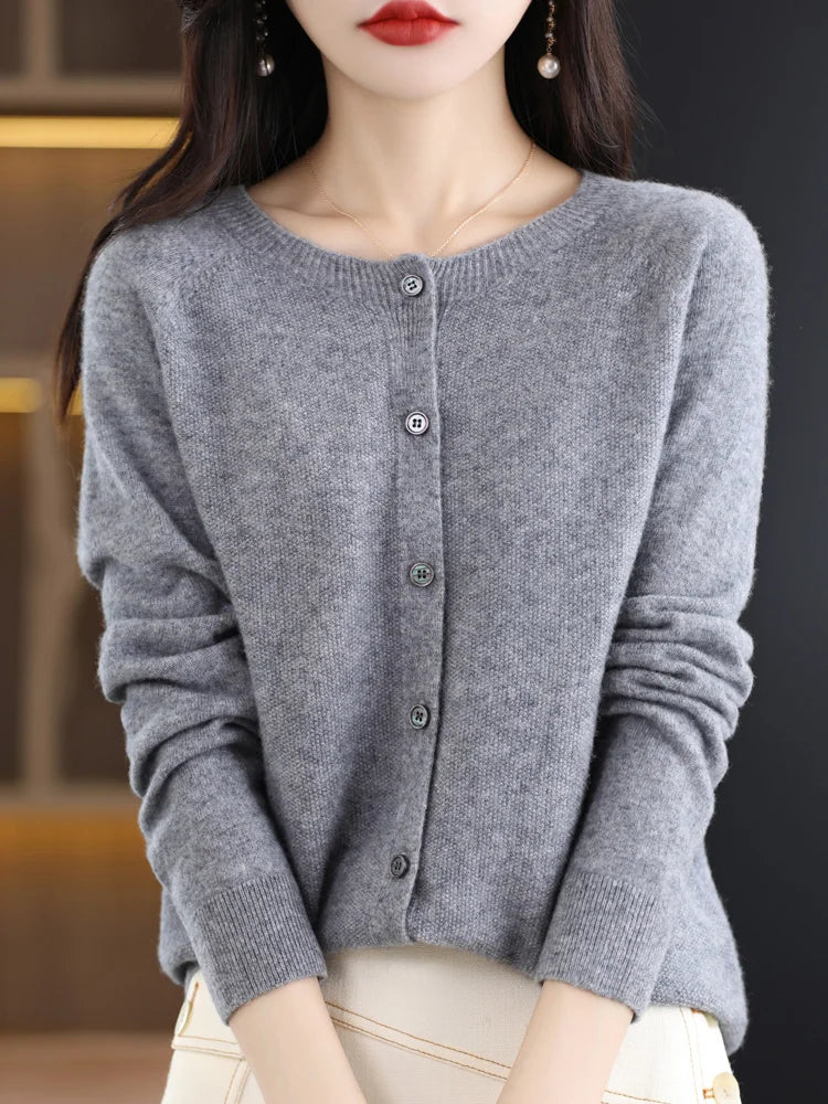 Women's fine-knit crewneck cardigan, view 1