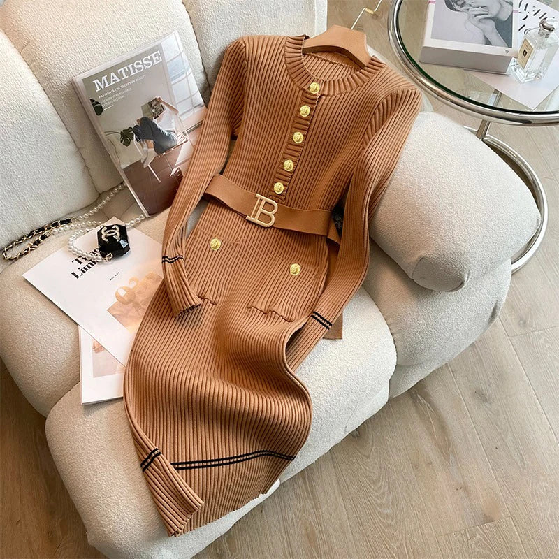 Women's belted gold-button knit midi dress, view 8
