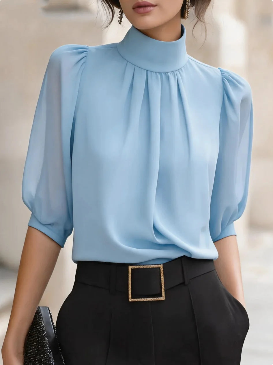 Women's high-neck pleated blouse with puff sleeves, view 9