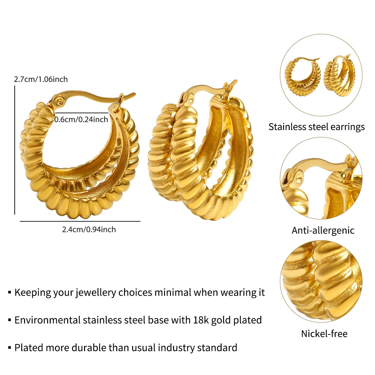 Women's twisted gold-tone hoop earrings, view 5