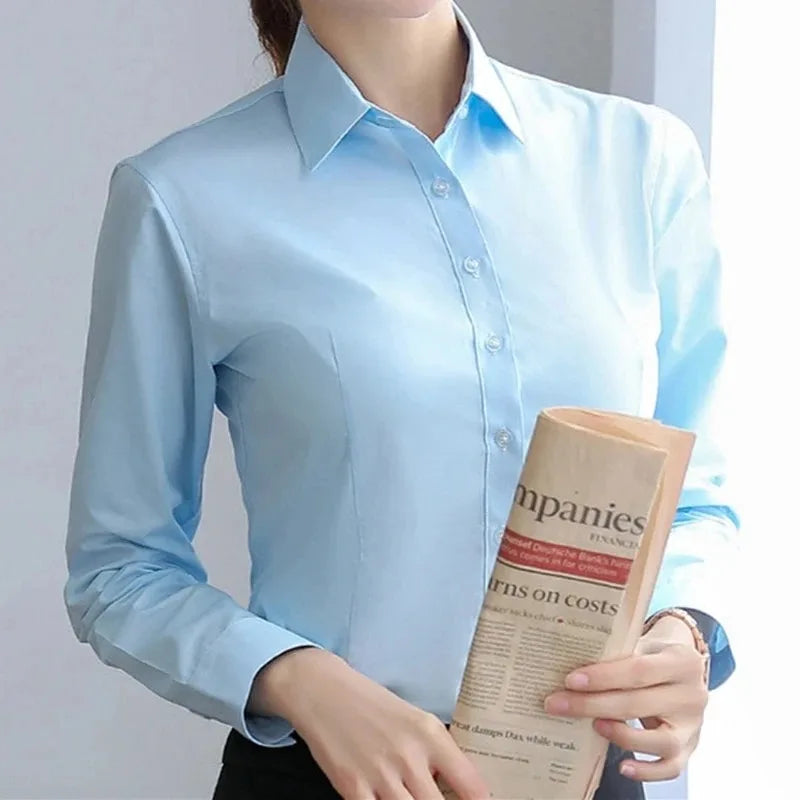 Women's fitted button-up office shirt, view 2