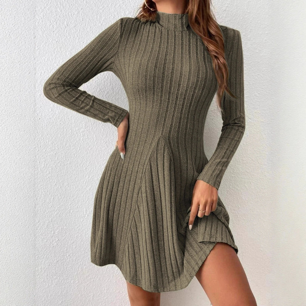 Women's mock-neck ribbed knit a-line dress, view 9