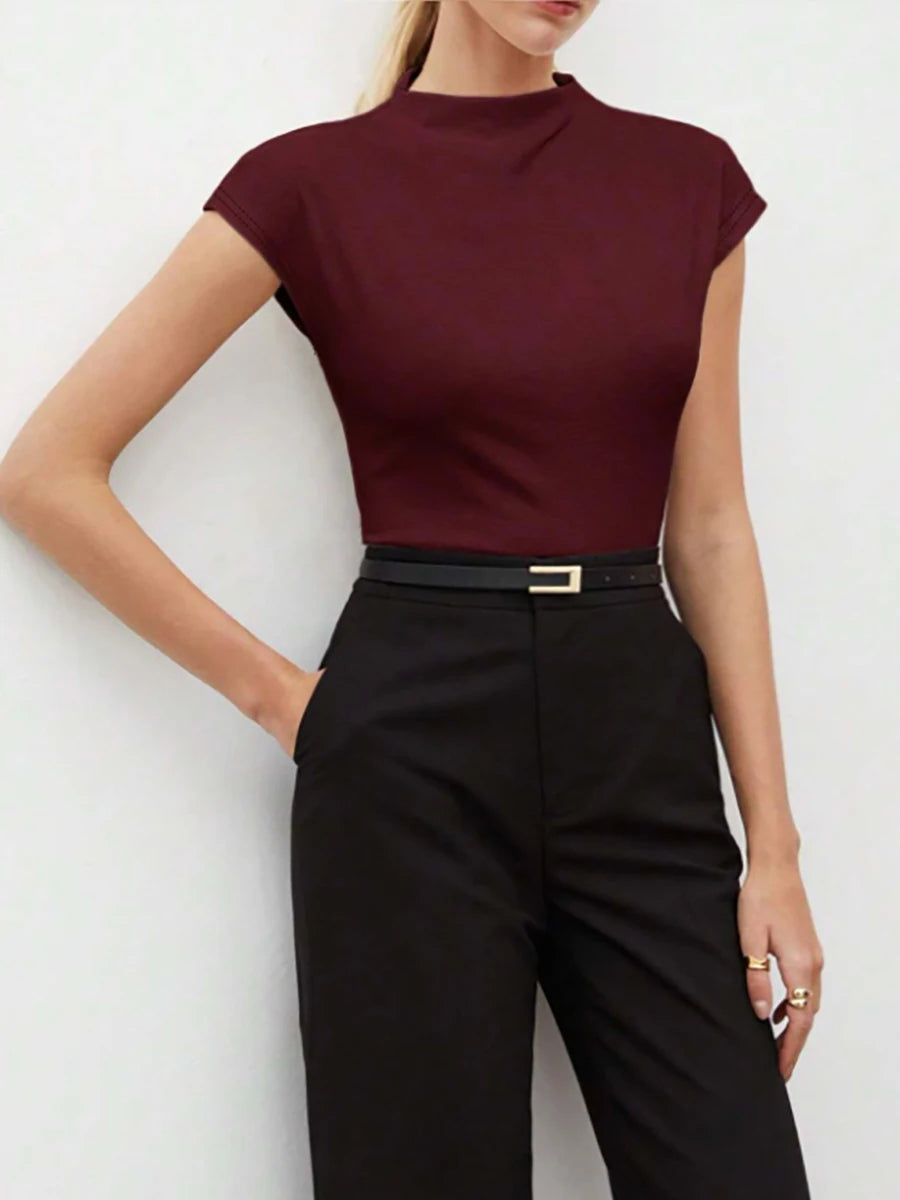 Women's mock-neck cap-sleeve stretch top, view 3